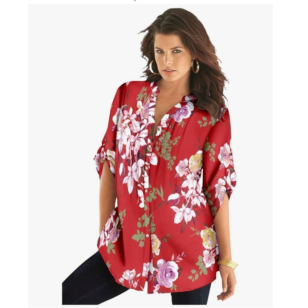 New Roaman's button up collared pleated blouse‎ red pink floral size 24W PLUS